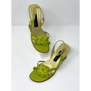 Etienne Aigner Kerzy Wedge Leather Sandals in Green with Flowers Accent Size 7M